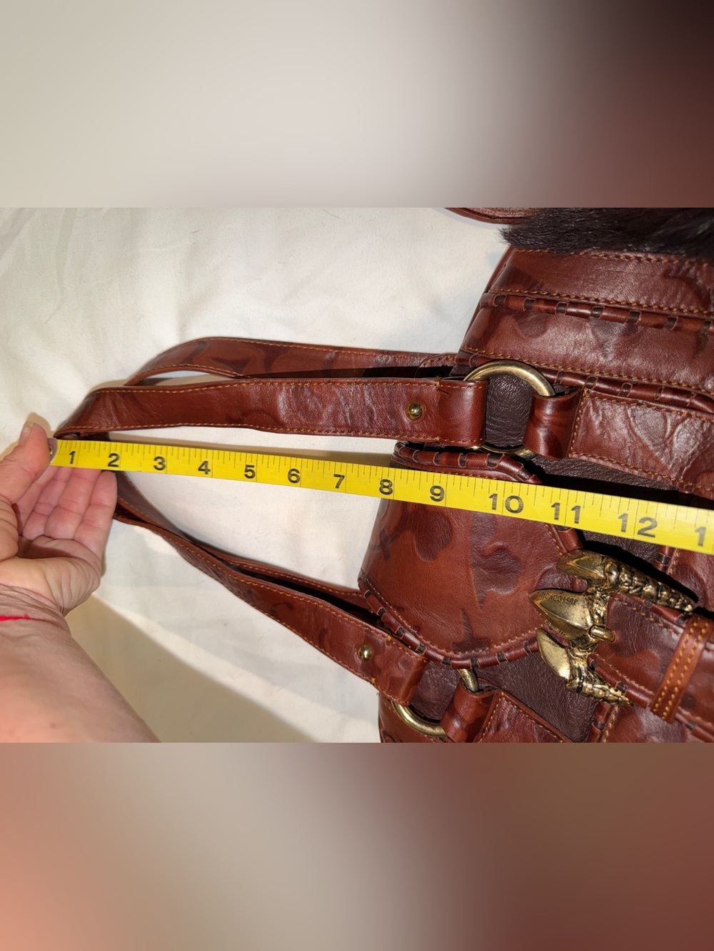 Just Cavalli Vintage brownLeather and Fur Accent Shoulder Bag with Gold Hardware - Picture 15 of 16